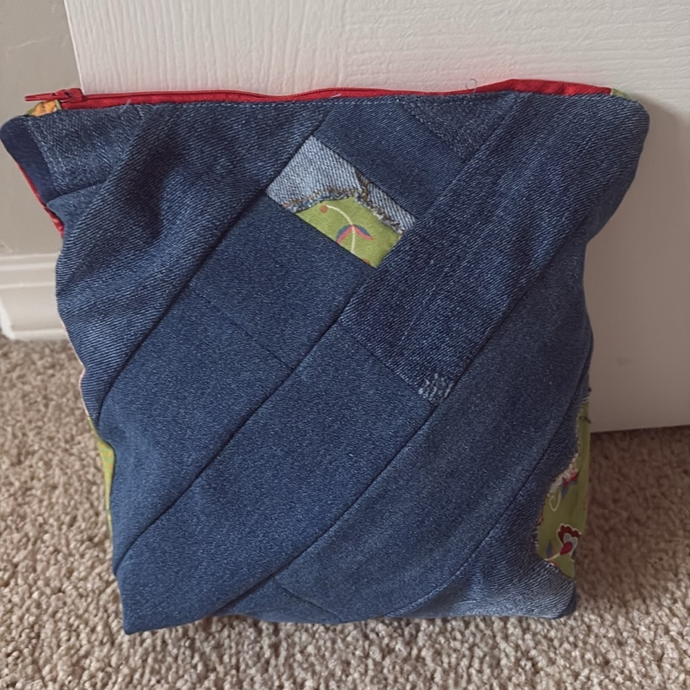 Hand Crafted Red and Pink Cosmetic Bag with Unique Patchwork Design - Picture 5 of 9